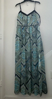 NUEVO CON ETIQUETAS BISOU BISOU Michele Bohbot verde azulado bufanda estampado de azulejos negro ribete maxi vestido 14 Foto 1 de 4