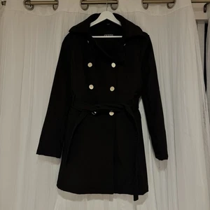 Guess Women's Double-Breasted Black Peacoat With Hood & Gold Buttons Size XL - Picture 1 of 10