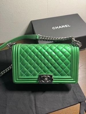 $6400  Chanel boy Metalic Green patent  Small Chain silver hw Flap Bag - Image 1 of 4