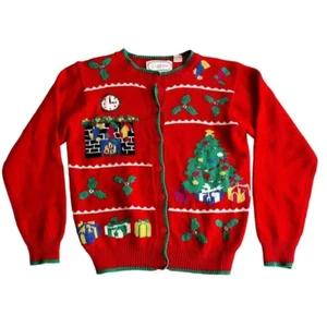 Vtg JJ Jones Ugly Christmas Cardigan Sweater Knit Red Tree Stockings Presents, S - Imagen 1 de 9