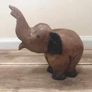 Elephant Figurine Wood Hand Carved Brown Trunk Up Wooden Decor Solid Vintage - Picture 1 of 9