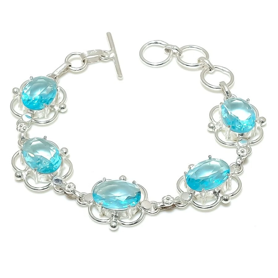 Aqua Aquamarine Gemstone Handmade 925 Sterling Silver Jewelry Bracelet Size 7-8" - Image 1 of 1