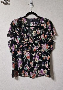 American Living Blouse Womens L Short Sleeve V Neck Ruffles Sheer Floral Top - Picture 1 of 8