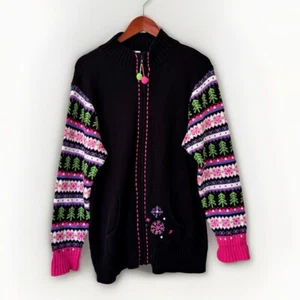 Maglione Quacker Factory X Manica Lunga Zip Nero Rosa Nordico Fiocchi di Neve - Foto 1 di 6