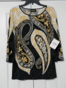NWT Bob Mackie Wearable Art Paisley Sweater Top Tunic Black Yellow Sz Medium QVC - Picture 1 of 3