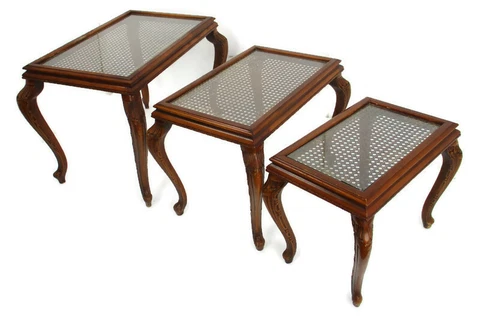 Vintage set of 3 Wooden Nesting Side Tables Cane Rush Glass Table Tops Louis XV Cover