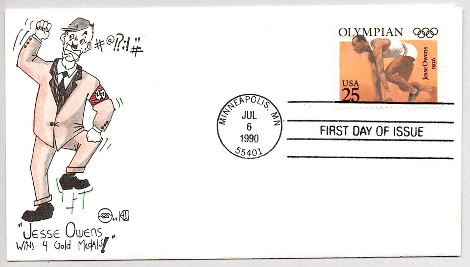 #2496 JESSE OWENS WINS 4 GOLD MEDALS BERLIN OLYMPICS, WILSON HAND COLORED FDC - Image 1 of 1
