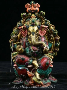 11" Old Tibet Bronze Turquoise Gem Temple Ganesa Ganesha Elephant Buddha Statue - Picture 1 of 11