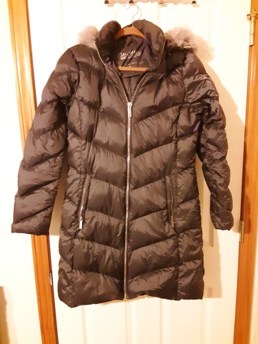 Giubbotto piumino piuma Michael Kors grigio scuro con cappuccio bordo pelliccia sintetica taglia M