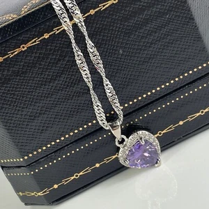 White Gold Finish Heart Cut Purple Amethyst Created Diamond Necklace - Picture 1 of 5