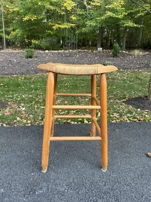Mid Century Modern 1960s Rush Tall Wood Stool Birch - Image 1 of 4