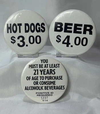 Vtg Stadium Beer & Hotdog Vendor Button Pins - Image 1 of 4