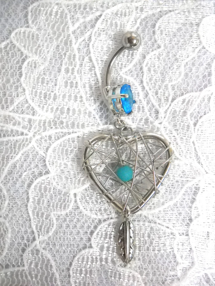 NEW SPIRIT SALE HEART DREAM CATCHER  BLUE BEAD & DANGLING FEATHER 14g BELLY RING - Image 1 of 1