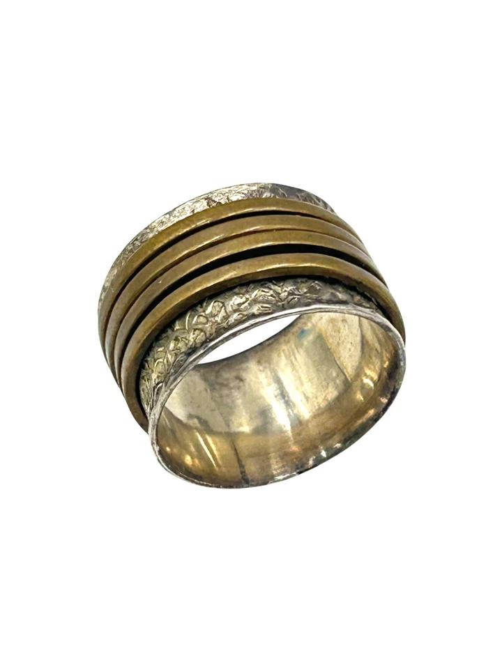 Anillo Fidget Spinner Vintage Dos Tonos Talla 8 Plata de Ley y Latón Foto 1 de 4