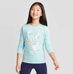 Girls' Long Sleeve Swans Graphic T-Shirt - Cat & Jack - Aqua - XS - S476 - Picture 1 of 3