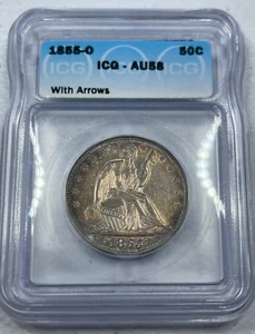 1855-O Seated Liberty US Half Dollar, AU58 by ICG, RAINBOW TONED, SUPERB! - Picture 1 of 6