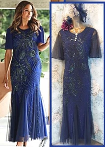Joanna Hope Navy Feather Beaded Lace Evening Wedding Mother Occasion Dress 12 - Picture 1 of 22