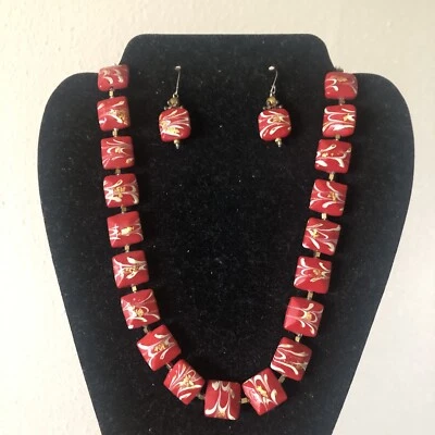 Chinese Glass Lamp work Bead Necklace Earring Set Red with Gold White Flecks - Image 1 of 4