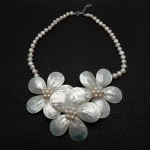 Cultured White Fancy Pearl White Shell Flower Statement Necklace 19" - Picture 1 of 1