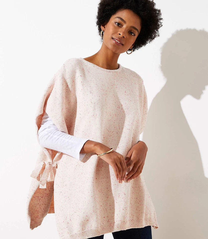 Ann Taylor LOFT Flecked Side Tie Poncho Sweater Whisper White/Pink XS/Small