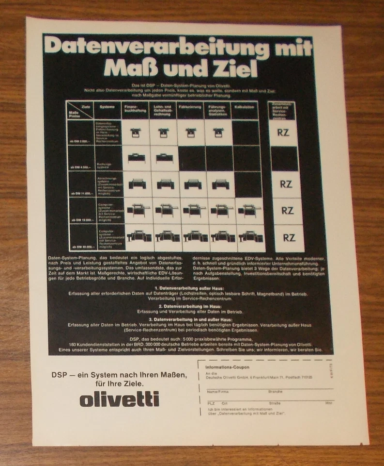 Seltene Werbung OLIVETTI Computer DSP Daten-System-Planung #5 1972 - Image 1 of 1