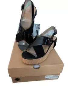 UGG SHOSHANA SANDALS SIZE US 8 BLACK LEATHER PLATFORM STRAP CORK WEDGE SHOES NEW - Picture 1 of 9