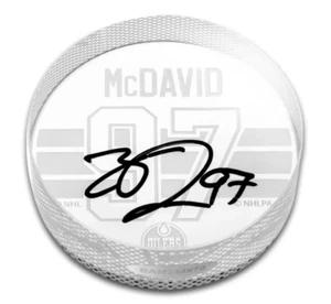 Disco da hockey Connor McDavid autografato sabbia intagliato cristallo trasparente UDA - Foto 1 di 5