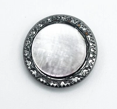 Vintage Mother of Pearl Metal Button Faceted Silver Trim 15/16-in Shank, Large - Image 1 of 4