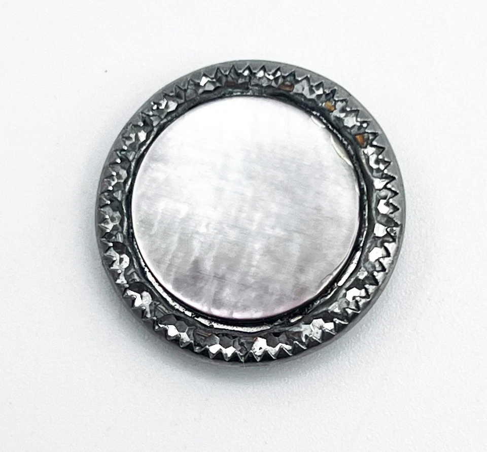 Vintage Mother of Pearl Metal Button Faceted Silver Trim 15/16-in Shank, Large - Image 1 of 4