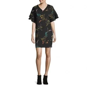 Worthington Womens Shift Dress Black Floral Size M Bell Sleeves Pullover Casual - Picture 1 of 5