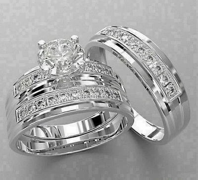 His & Her Wedding Set 2.55Ct Created Diamonds Trio Rings 14K White Gold Finish - Image 1 of 3