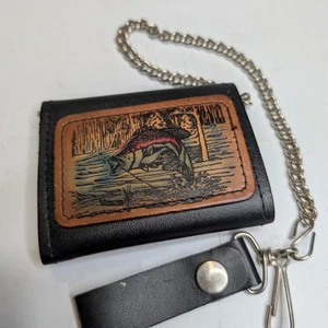 Cartera y Cadena de Cuero Real Triple Peces Trucha Pesca Escena Motociclista EE. UU. Negra De Colección - Imagen 1 de 5