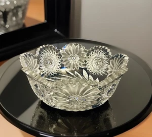 ABP Glass Bowl Hand Cut Hobstars Wheel Cut Daisies Intaglio Cut Leaves 8.75”D - Picture 1 of 12