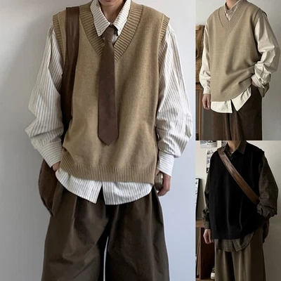 Men Knit Vest Sleeveless Sweater Classic Theme Polyester Fabric Knitted Texture - Image 1 of 4