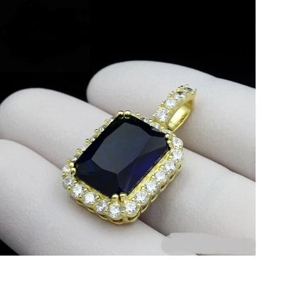 2.60 Ct Emerald Cut Blue Sapphire CREATED Halo Pendant 14k Yellow Gold Plated - Image 1 of 4