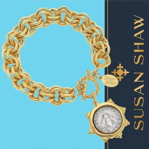 Pulsera Susan Shaw Joyería Oro Lira Abeja Moneda Doble Eslabón Cadena 24k TPG - Imagen 1 de 10