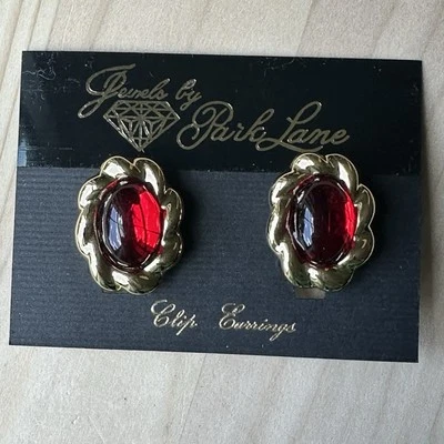 Jewels by Park Lane Clip Earrings 1 1/8" Red Cabochon Oval Design Gold Plated - Image 1 of 4