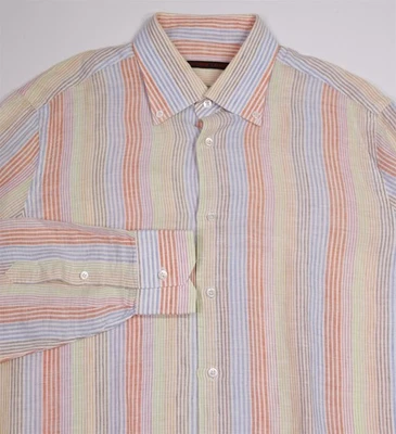 Bijan Beverly Hills Colorful Striped Linen Button-Up Dress Shirt (44) 17.5-36 - Image 1 of 4