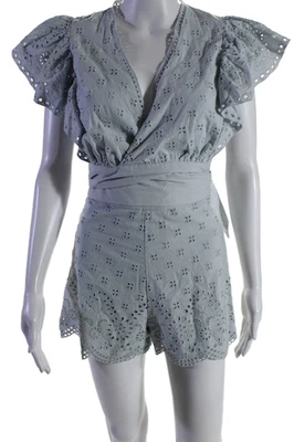 Intermix Women's Wrap Eyelet Ruffle Cropped Two Piece Shorts Set Blue Size 00 - Image 1 of 4