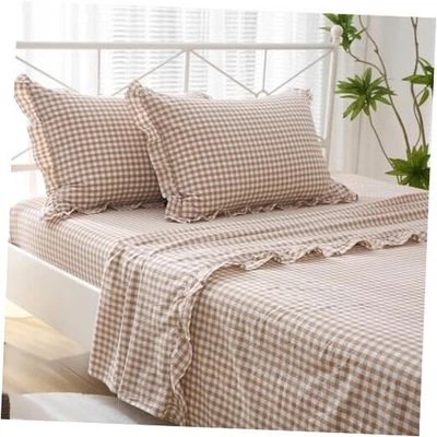 Taupe White Plaid Ruffle Sheets Size 4-Piece Set, 300TC Twin Taupe/White Plaid - Image 1 of 4