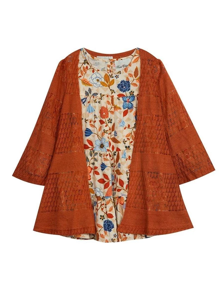 Vestido em camadas floral multicolorido edições raras com cardigã meninas tamanho 5 - Imagem 1 de 1