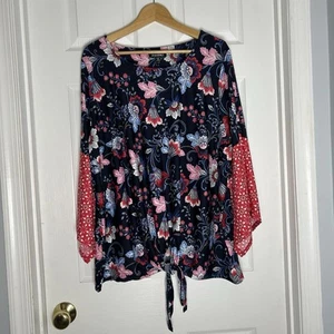 New Roz and Ali 3X Top Tie Front Blouse Dress Barn Blue Red Floral NWT Plus - Picture 1 of 17
