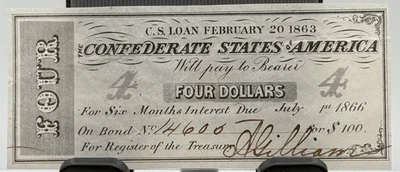 1863 Confederate States Of America $4 Bond Token CS LOAN CURRENCY RARE - Image 1 of 4