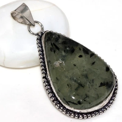 Colgante de piedras preciosas enchapadas en plata 925 de prehnita de musgo 2" joyería estética GW Foto 1 de 3