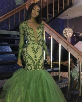 Olive Green Beaded Tulle Mermaid Prom Party Evening Dress Celebrity Pageant Gown - Image 1 of 3
