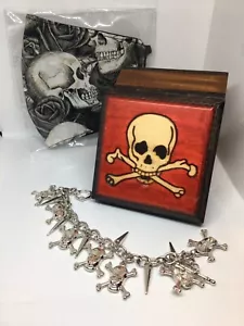 Skulls & spike silver tone Bracelet EWB skull crossbones box & skull & rose mask - Picture 1 of 12
