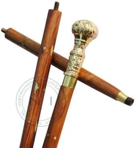 Brass Handle Sturdy Brown Shaft Wooden Walking Stick canes Camping & Hiking Gift - Picture 1 of 6