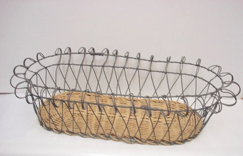 Wire Metal Basket Long 20" Oblong Shape French Country Style Wicker Bottom + 2 f Cover
