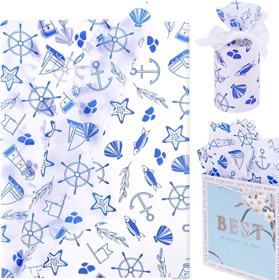 30 Sheets Nautical Printed Tissue Paper Bulk, 20 X 28 Anchor Design Decorative G - Image 1 of 4