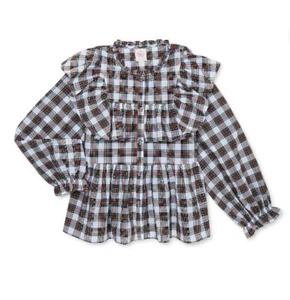 Girls Long Sleeve Ruffle Tierred Button Down Top Plaid Shirt Size L (10-12) PLUS - Picture 1 of 5